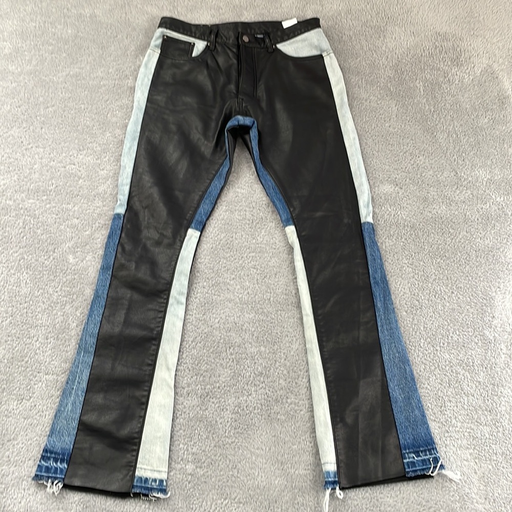 MNML Patchwork Jeans Men's 31 Faux Leather Light Medium Wash Flare Raw H…